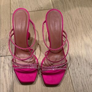 Amina Muaddi Fuchsia Strappy Crystal Slide Heels